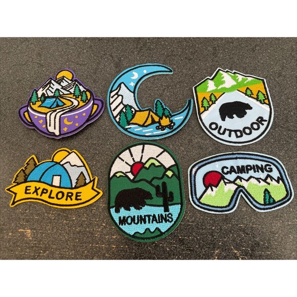 6 Assorted Adventure Hiking Camping Explore Outdoors Iron-On Embroidered Patches - Picture 1 of 13